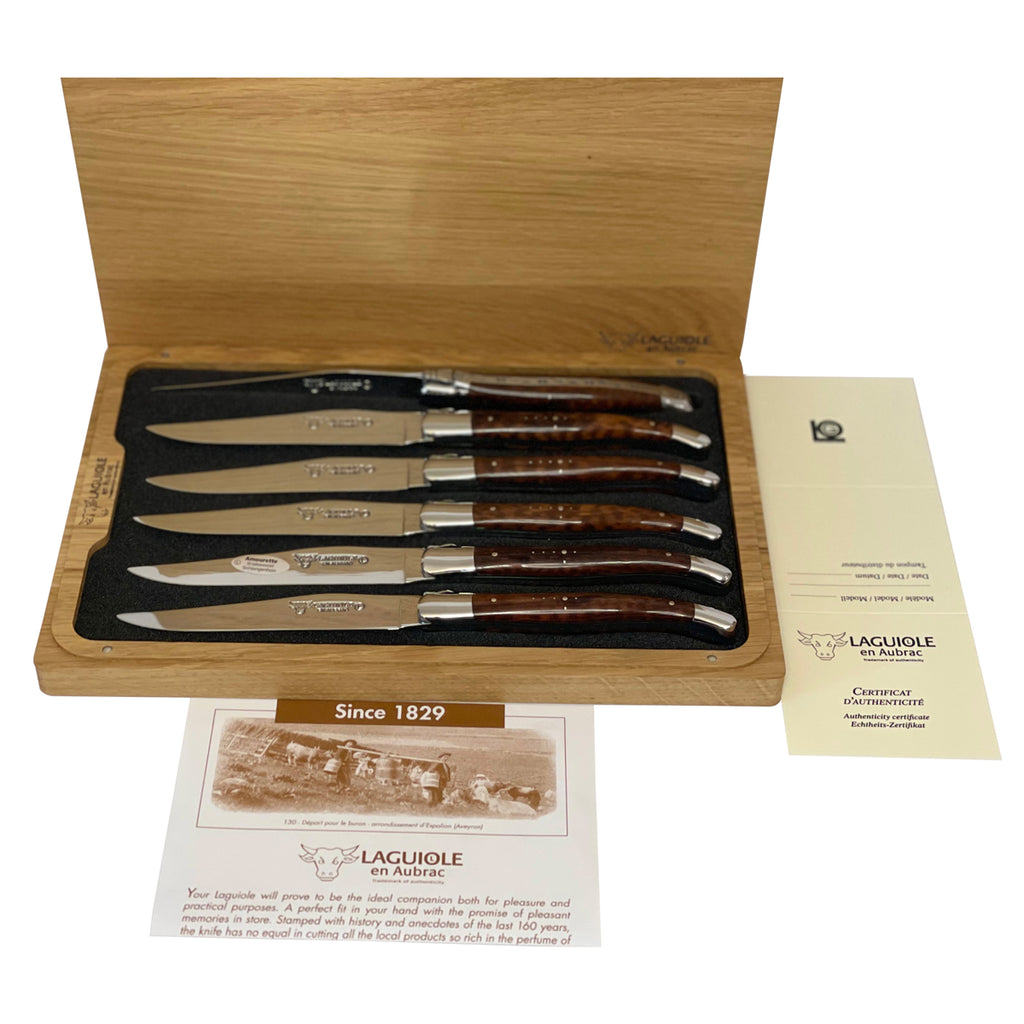Laguiole en Aubrac Handcrafted Plated 6-Piece Steak Knife Set with Amourette Snakewood Handles - LaguioleEnAubracShop