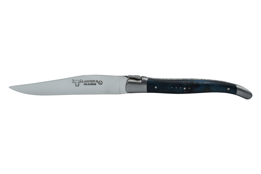 Laguiole en Aubrac Handcrafted Brushed Plated 6-Piece Steak Knife Set with Blue Buckeye Burl Handles - LaguioleEnAubracShop