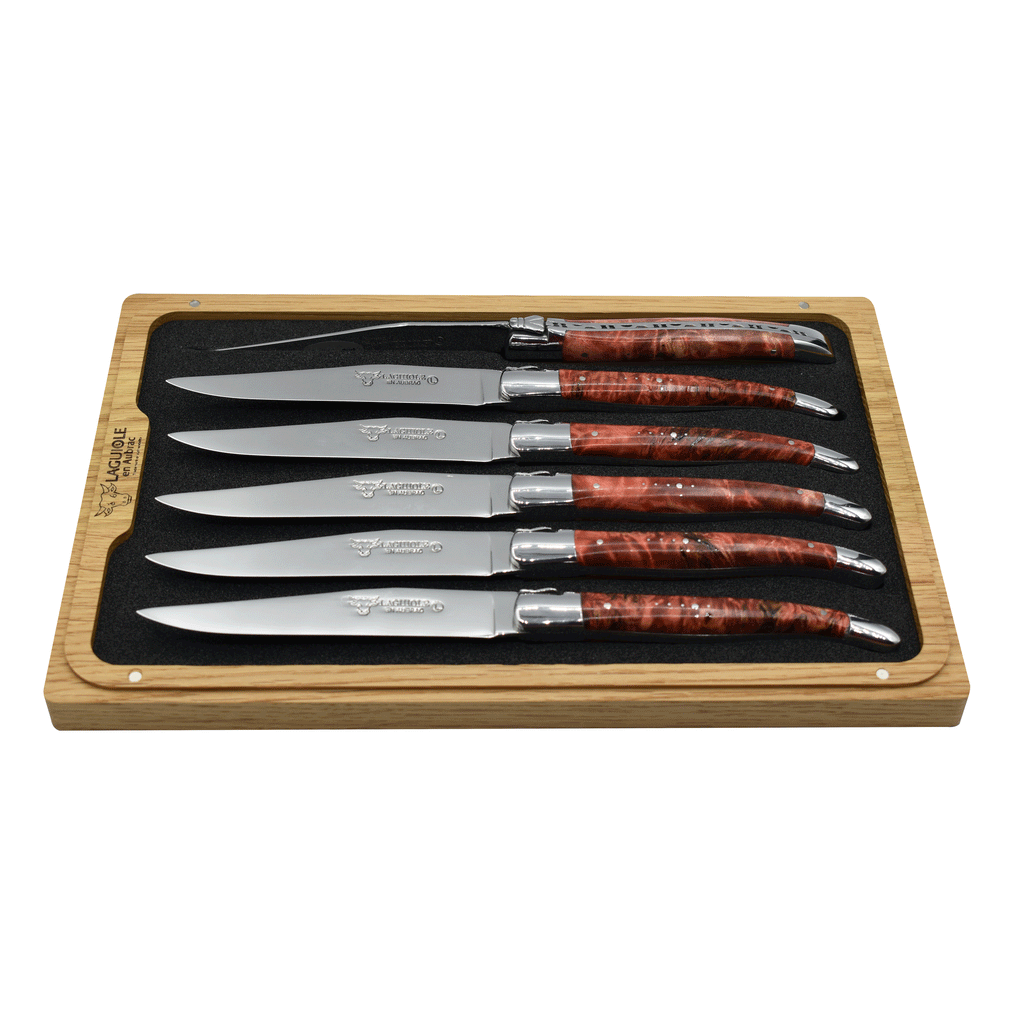 Laguiole en Aubrac Handcrafted Polished Plated 6-Piece Steak Knife Set with Red Buckeye Burl Handles - LaguioleEnAubracShop