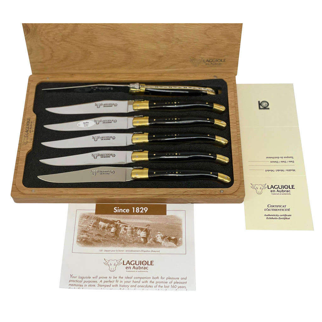 Laguiole en Aubrac Handcrafted Plated 6-Piece Steak Knife Set with Buffalo Horn Handles, Brass Bolsters - LaguioleEnAubracShop