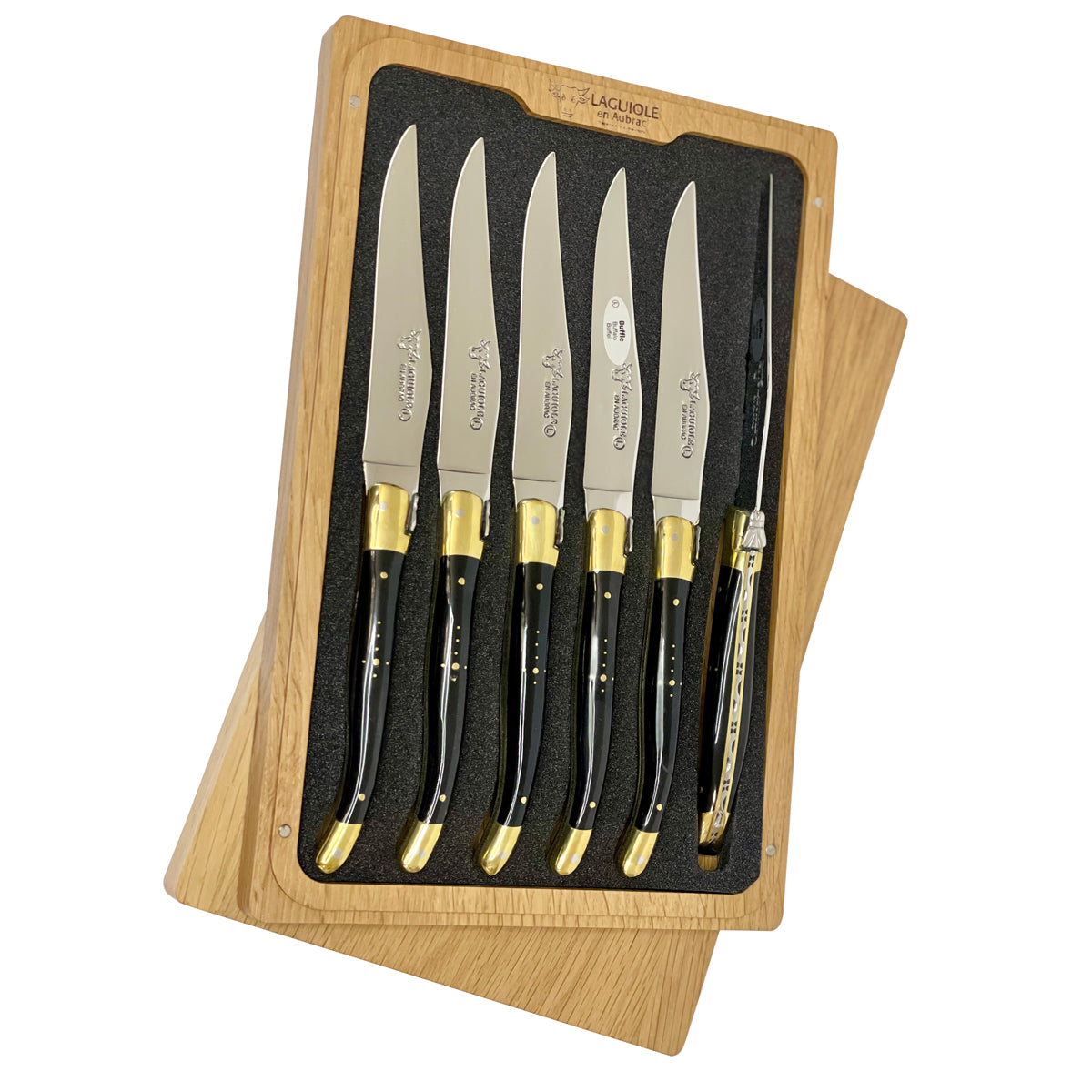 Laguiole en Aubrac Handcrafted Plated 6-Piece Steak Knife Set with Buffalo Horn Handles, Brass Bolsters - LaguioleEnAubracShop