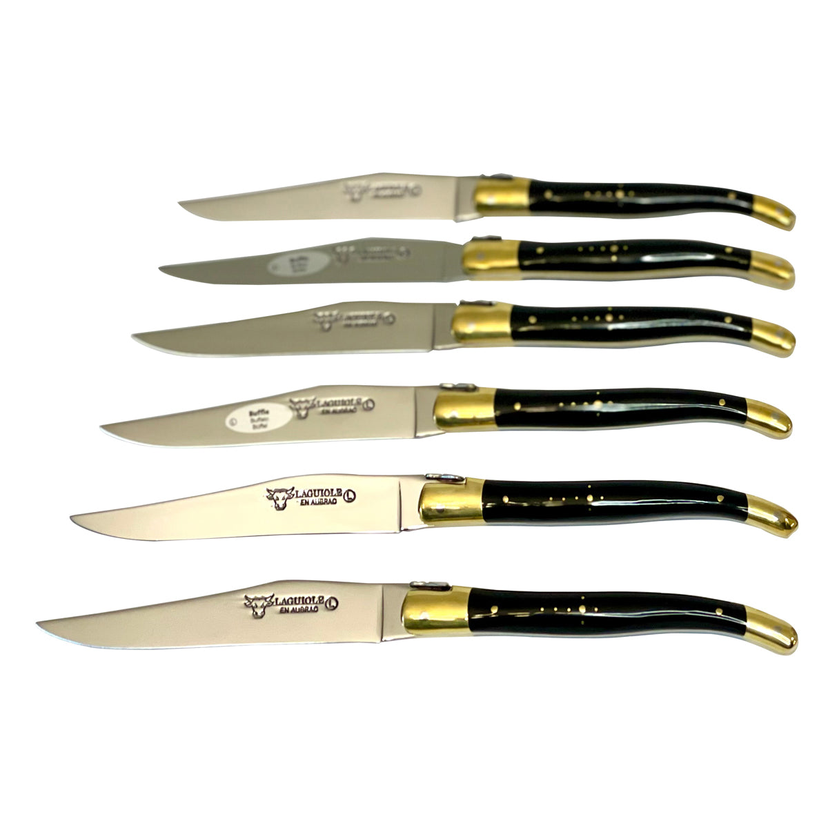 Laguiole en Aubrac Handcrafted Plated 6-Piece Steak Knife Set with Buffalo Horn Handles, Brass Bolsters - LaguioleEnAubracShop