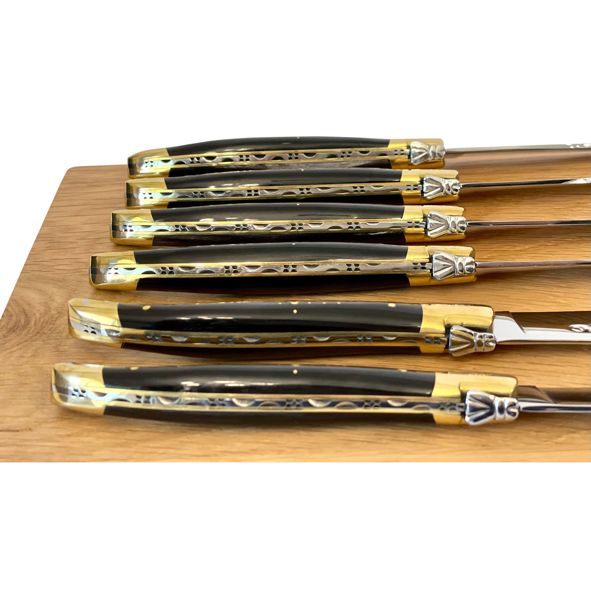 Laguiole en Aubrac Handcrafted Plated 6-Piece Steak Knife Set with Buffalo Horn Handles, Brass Bolsters - LaguioleEnAubracShop