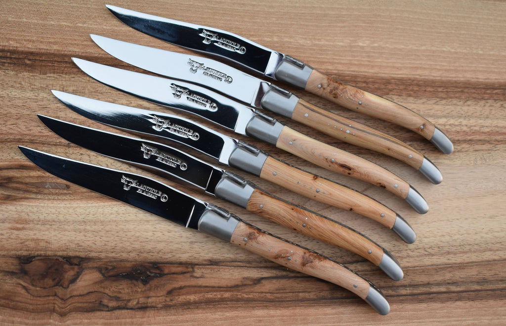Laguiole en Aubrac Handcrafted Plated 6-Piece Steak Knife Set with Juniper Wood Handles - LaguioleEnAubracShop
