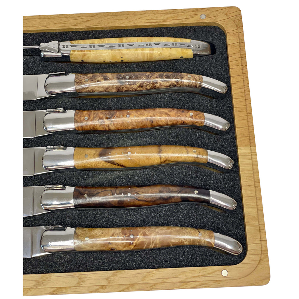 Laguiole en Aubrac Handcrafted Plated 6-Piece Steak Knife Set with Mixed Burls Wood Handles, Polished Bolsters - LaguioleEnAubracShop