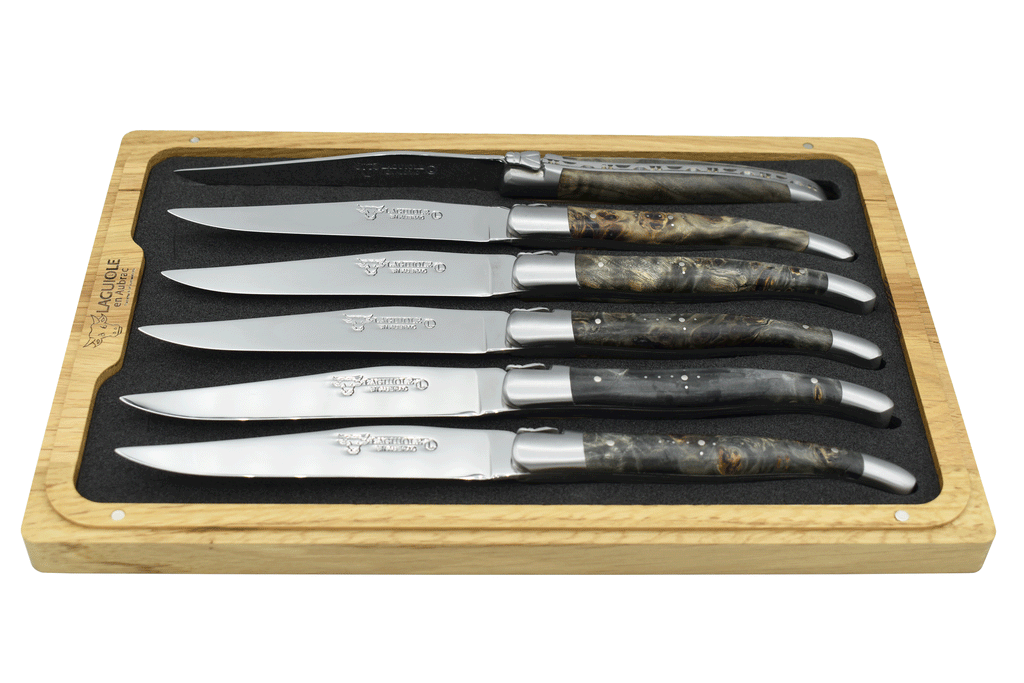 Laguiole en Aubrac Handcrafted Brushed Plated 6-Piece Steak Knife Set with Blackened Poplar Burl wood Handles - LaguioleEnAubracShop