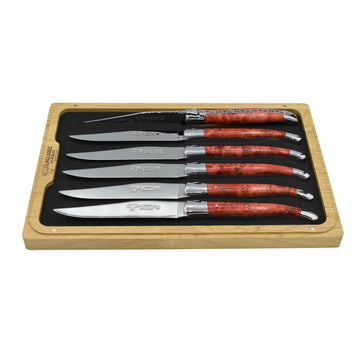 Laguiole en Aubrac Handcrafted Polished Plated 6-Piece Steak Knife Set with Red Poplar Burl Handles - LaguioleEnAubracShop