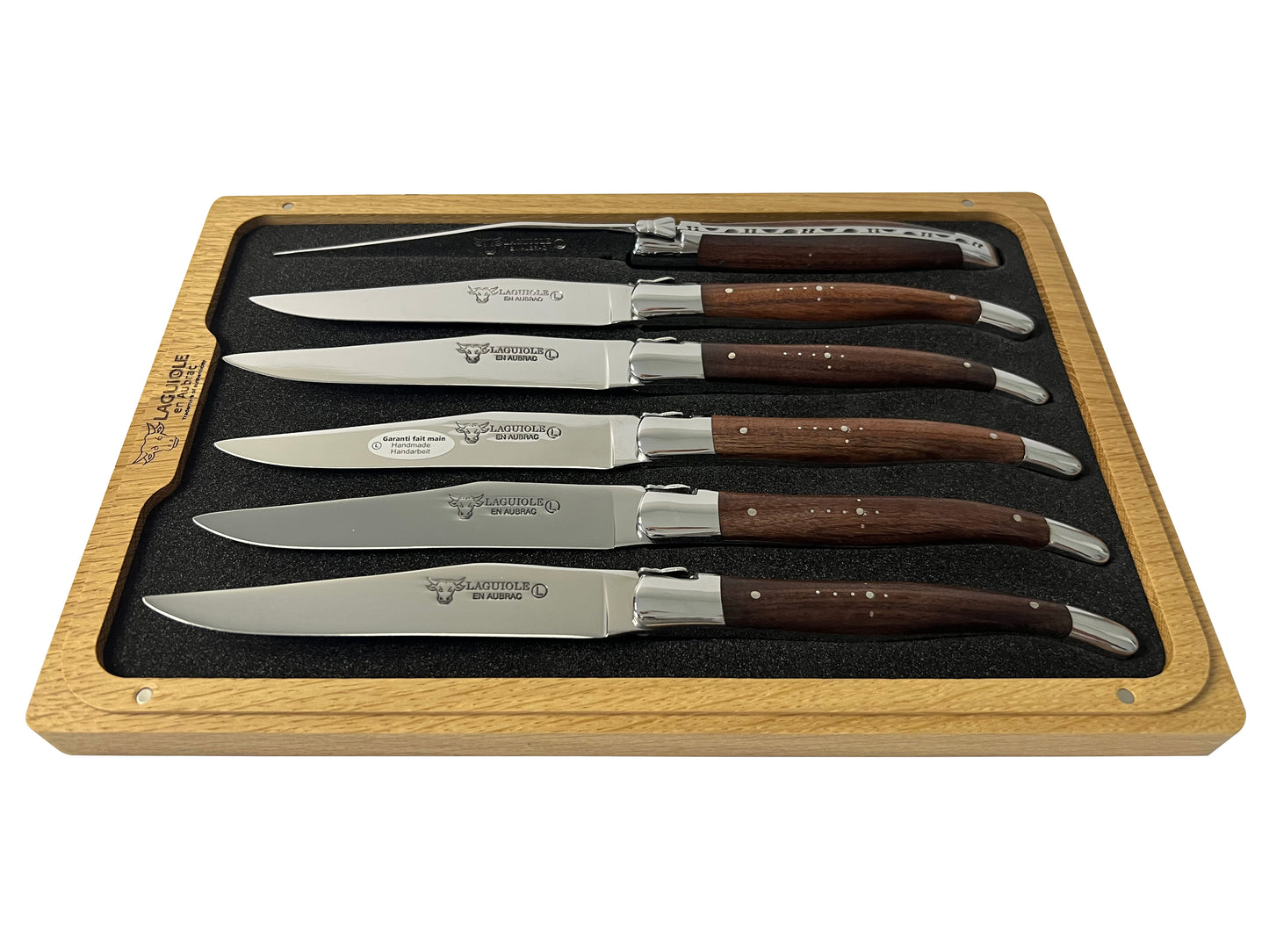 Laguiole en Aubrac Handcrafted Plated 6-Piece Steak Knife Set with Morado Rosewood Handles, Polished Bolsters - LaguioleEnAubracShop