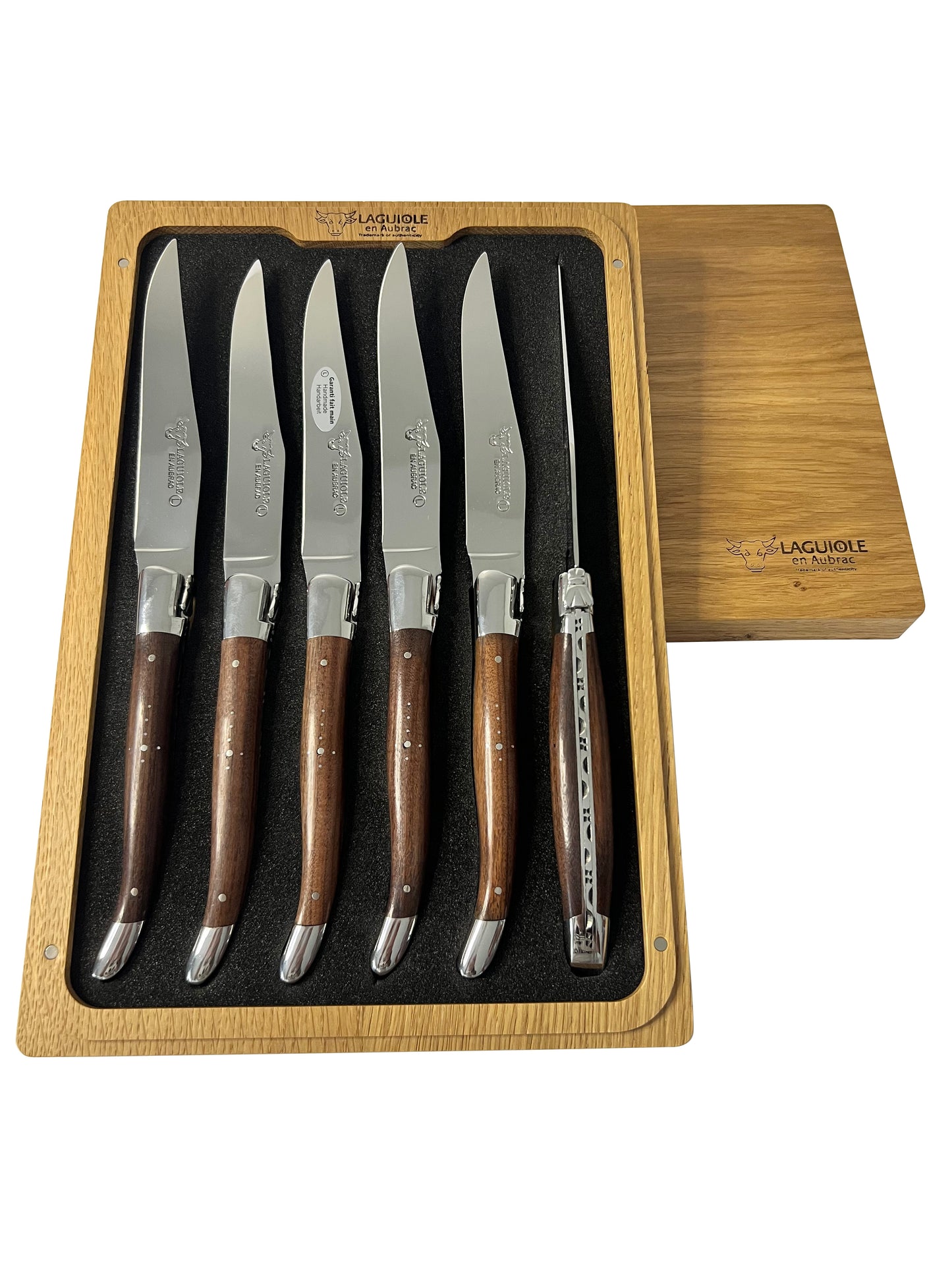 Laguiole en Aubrac Handcrafted Plated 6-Piece Steak Knife Set with Morado Rosewood Handles, Polished Bolsters - LaguioleEnAubracShop