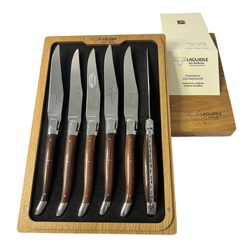 Laguiole en Aubrac Handcrafted Plated 6-Piece Steak Knife Set with Morado Rosewood Handles, Polished Bolsters - LaguioleEnAubracShop