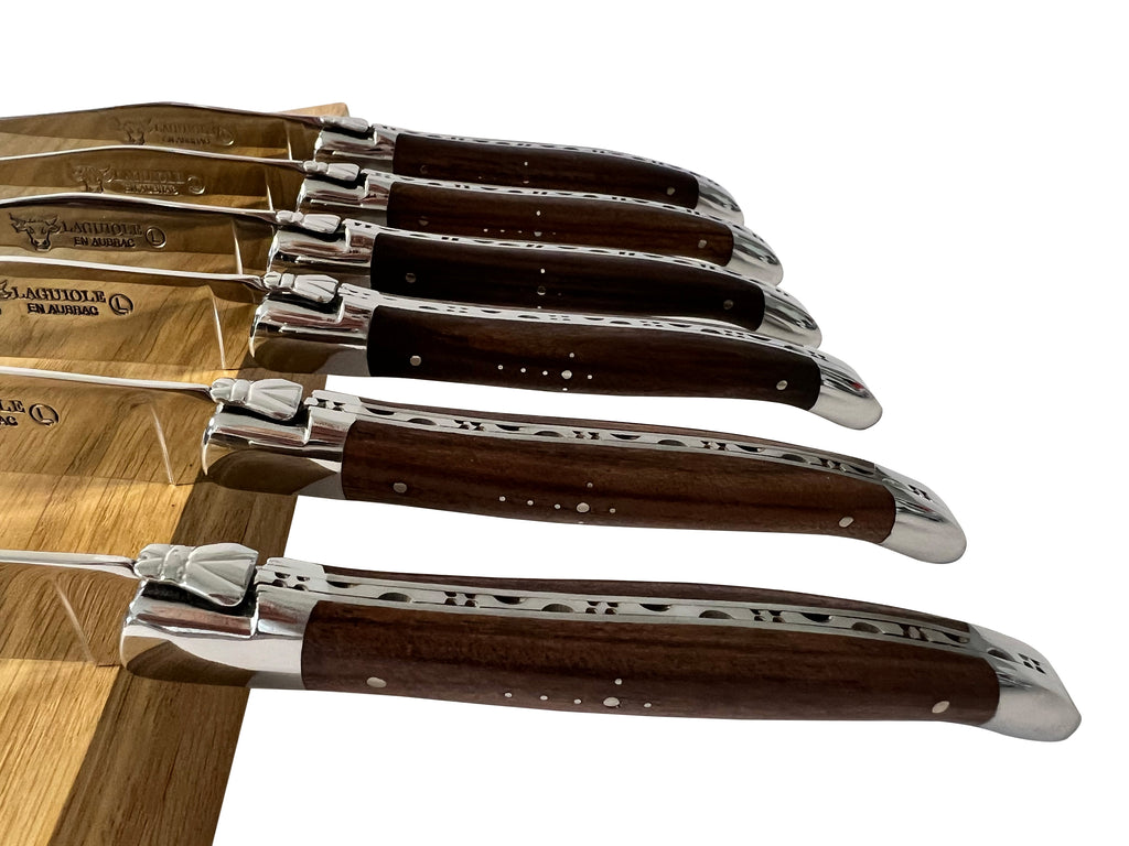 Laguiole en Aubrac Handcrafted Plated 6-Piece Steak Knife Set with Morado Rosewood Handles, Polished Bolsters - LaguioleEnAubracShop