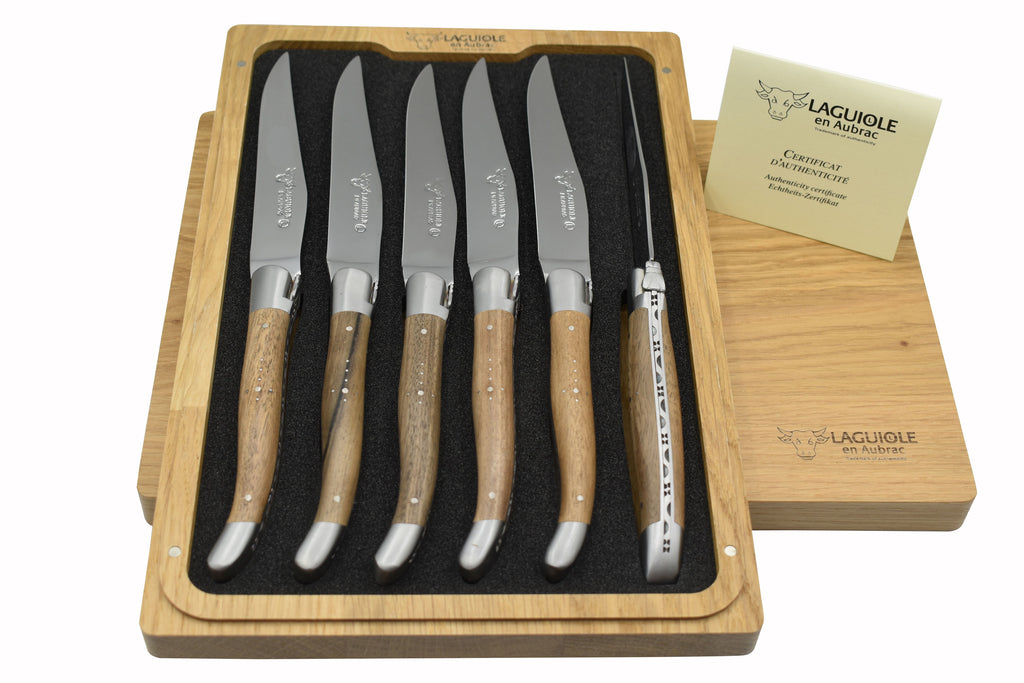 Laguiole en Aubrac Handcrafted Brushed Plated 6-Piece Steak Knife Set with Walnut Wood Handles - LaguioleEnAubracShop
