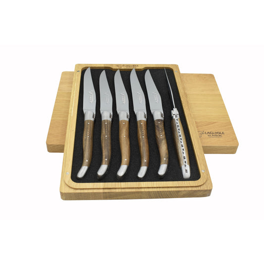 Laguiole en Aubrac Handcrafted Brushed Plated 6-Piece Steak Knife Set with Walnut Wood Handles - LaguioleEnAubracShop