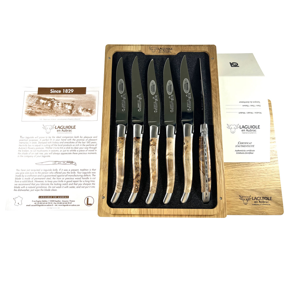 Laguiole en Aubrac Handcrafted Plated 6-Piece Steak Knife Set with Chesnut Burl Handles - LaguioleEnAubracShop