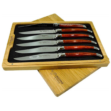 Laguiole en Aubrac Handcrafted Plated 6-Piece Steak Knife Set with Red Heart Wood Handles - LaguioleEnAubracShop