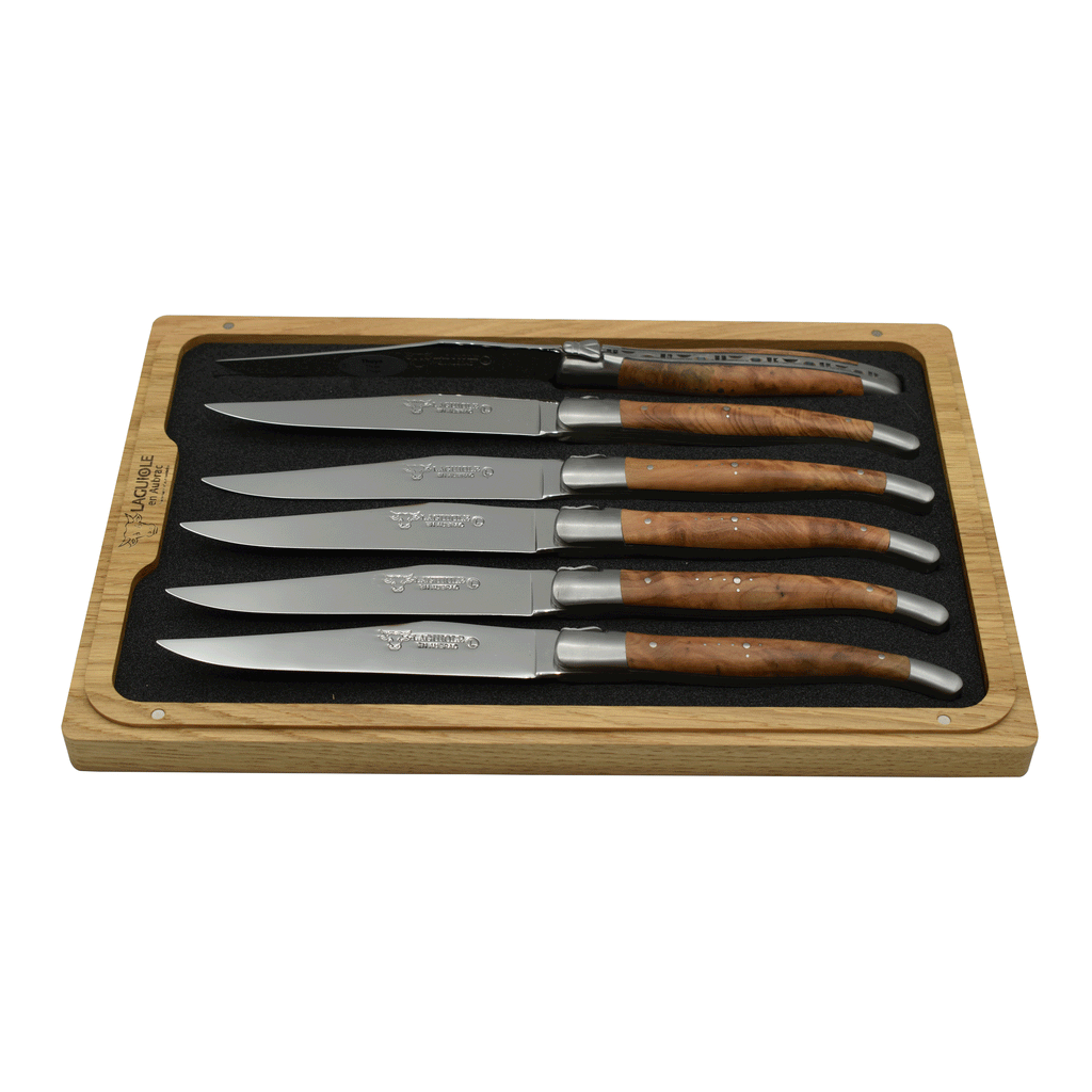 Laguiole en Aubrac Handcrafted Plated 6-Piece Steak Knife Set with Thuja Wood Handles - LaguioleEnAubracShop