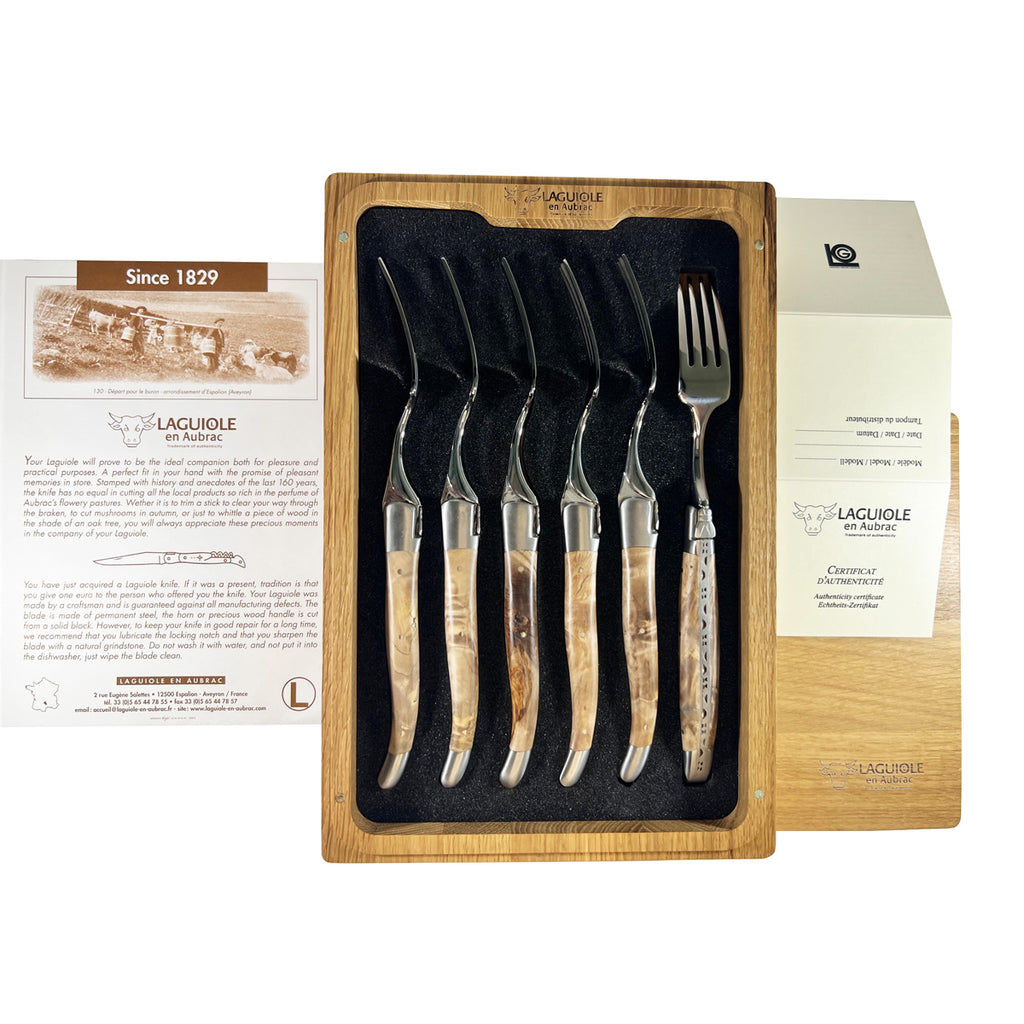 Laguiole en Aubrac Handcrafted Plated 6-Piece Fork Set with Chesnut Burl Handles - LaguioleEnAubracShop