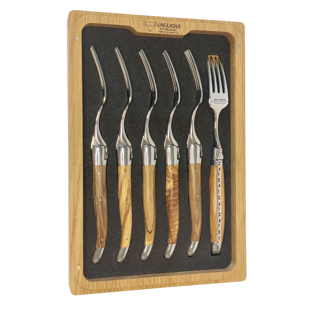 Laguiole en Aubrac Handcrafted Plated 6-Piece Fork Set with Aubrac Wood Handles, Polished Bolsters - LaguioleEnAubracShop