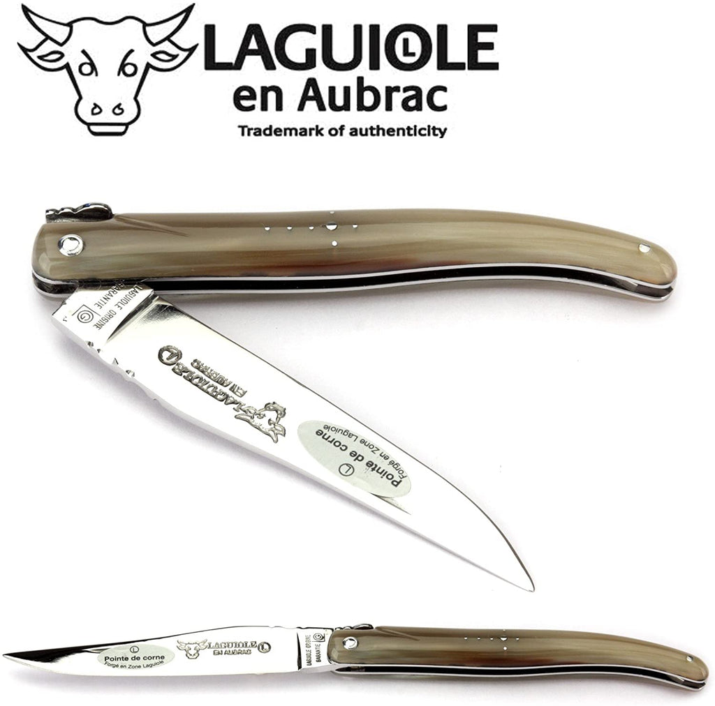 Laguiole en Aubrac Handcrafted Plated Multipurpose Knife, Full Solid Horn Handle, 4.75 inches - LaguioleEnAubracShop