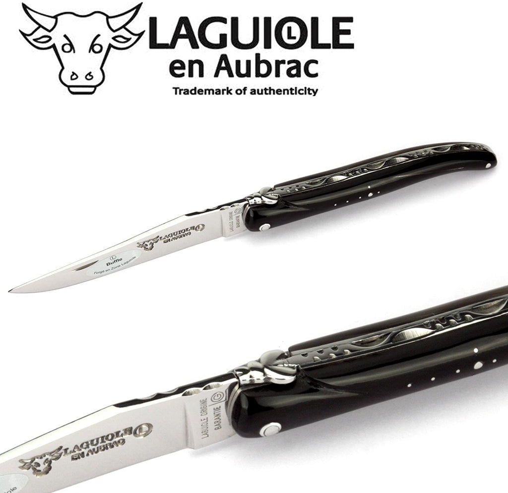 Laguiole en Aubrac Handcrafted Plated Multipurpose Knife, Full Buffalo Horn Handle, 4.75 inches - LaguioleEnAubracShop