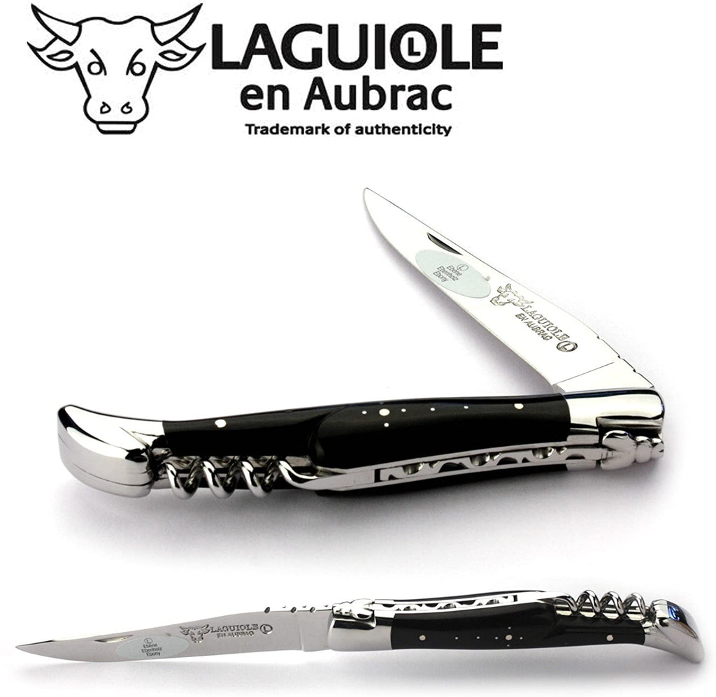 Laguiole en Aubrac Handcrafted Plated Multipurpose Knife with Corkscrew, Ebony Handle, 4.75 inches - LaguioleEnAubracShop