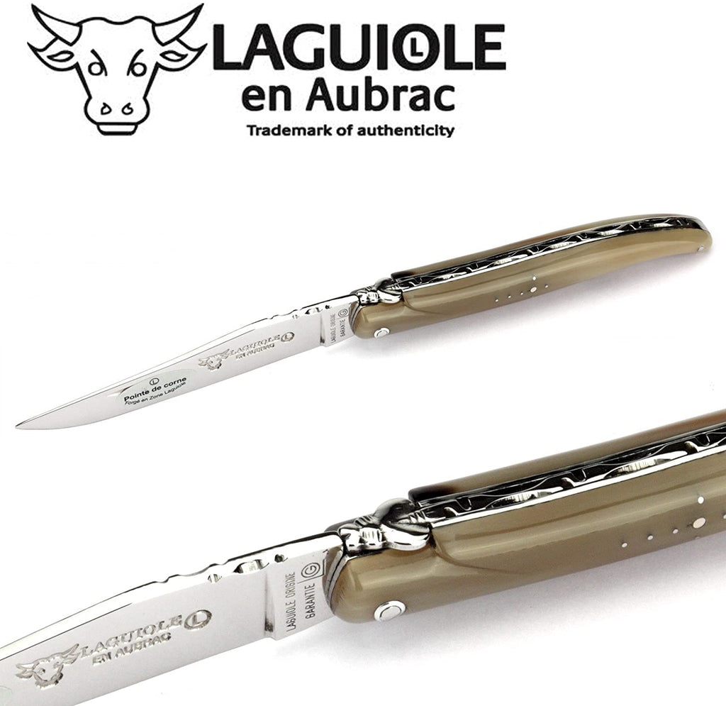Laguiole en Aubrac Handcrafted Plated Multipurpose Knife, Full Solid Horn Handle, 4.75 inches - LaguioleEnAubracShop