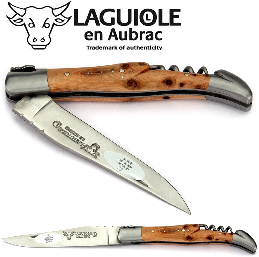 Laguiole en Aubrac Handcrafted Plated Multipurpose Knife with Corkscrew, Juniper Handle, 4.75 inches - LaguioleEnAubracShop