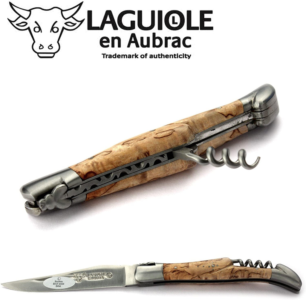 Laguiole en Aubrac Handcrafted Plated Multipurpose Knife with Corkscrew, Birchwood Handle, 4.75 inches - LaguioleEnAubracShop