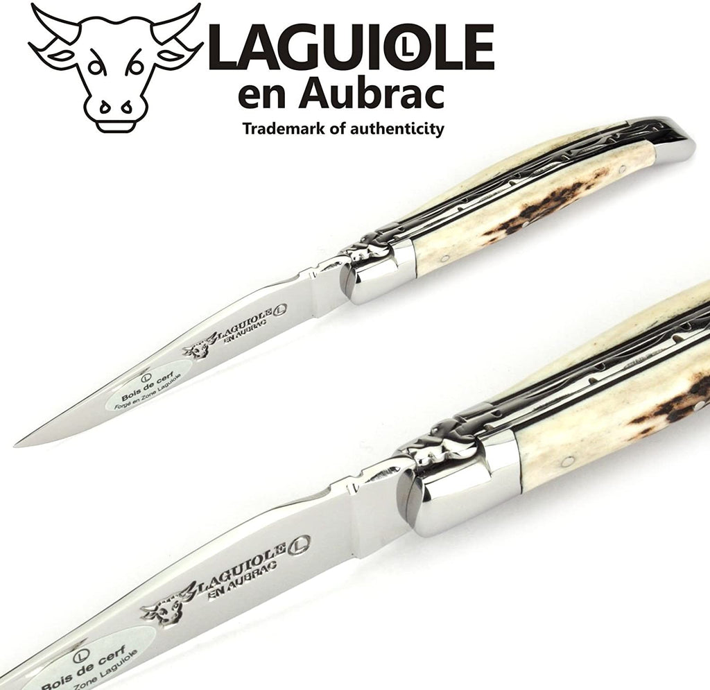 Laguiole en Aubrac Handcrafted Plated Multipurpose Knife, Deer Horn Crust Handle, 4.33 inches - LaguioleEnAubracShop