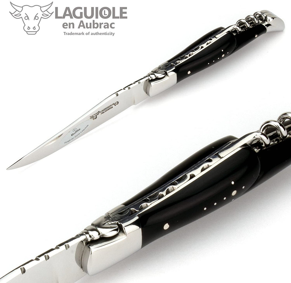 Laguiole en Aubrac Handcrafted Plated Multipurpose Knife with Corkscrew, Buffalo Horn Handle, 4.75 inches - LaguioleEnAubracShop