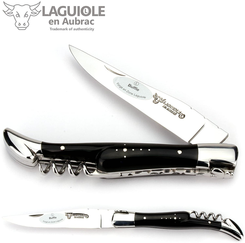 Laguiole en Aubrac Handcrafted Plated Multipurpose Knife with Corkscrew, Buffalo Horn Handle, 4.75 inches - LaguioleEnAubracShop