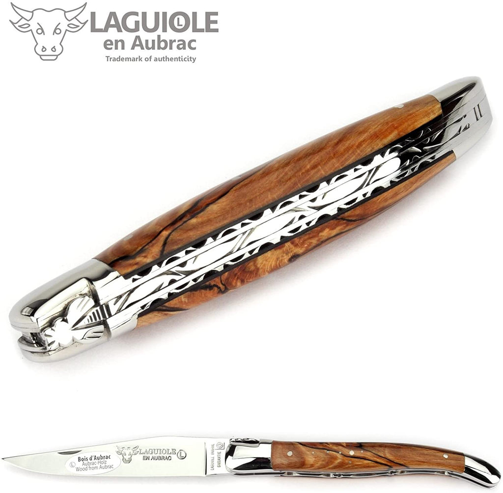 Laguiole en Aubrac Handcrafted Double Plated Multipurpose Knife with Shiny Bolsters, Aubrac Beech Wood Handle, 4.75 inches - LaguioleEnAubracShop