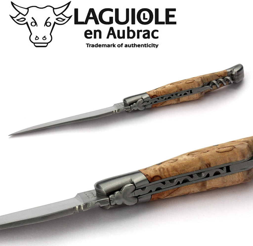 Laguiole en Aubrac Handcrafted Plated Multipurpose Knife with Corkscrew, Birchwood Handle, 4.75 inches - LaguioleEnAubracShop