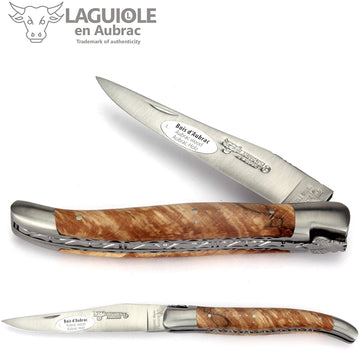 Laguiole en Aubrac Handcrafted Double Plated Multipurpose Knife with Matte Stainless Bolsters, Aubrac Beech Wood Handle, 4.75 inches - LaguioleEnAubracShop
