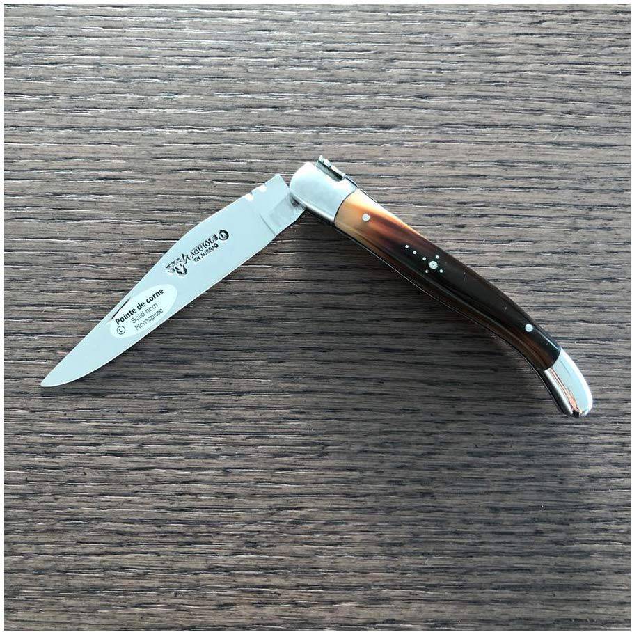 Laguiole en Aubrac Handcrafted Plated Multipurpose Knife with Shiny Bolsters, Solid Horn Handle, 4.33 inches - LaguioleEnAubracShop