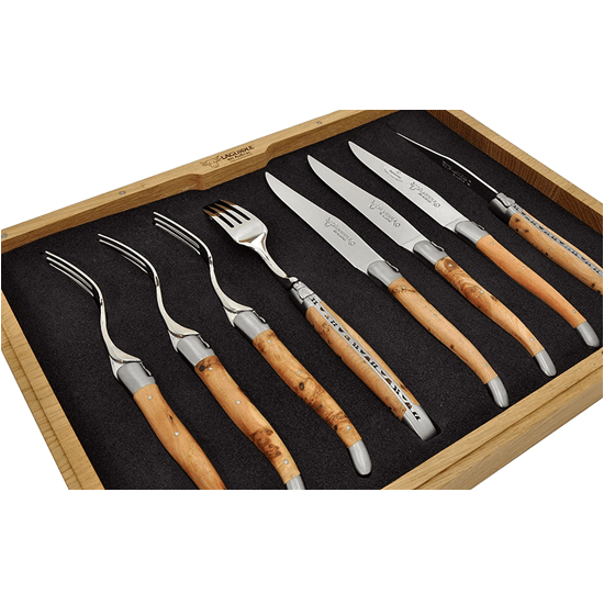 Laguiole en Aubrac Stainless Steel Steak Knives Set of 4 Forks and 4 Knives with Juniper Wood Handle