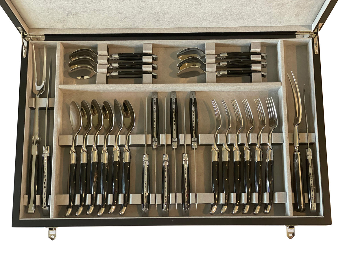 Laguiole en Aubrac Luxury 28-Piece Handcrafted Flatware Set, Buffalo Horn Handles - LaguioleEnAubracShop