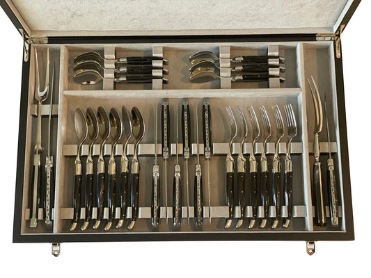 Laguiole en Aubrac Luxury 28-Piece Handcrafted Flatware Set, Buffalo Horn Handles - LaguioleEnAubracShop