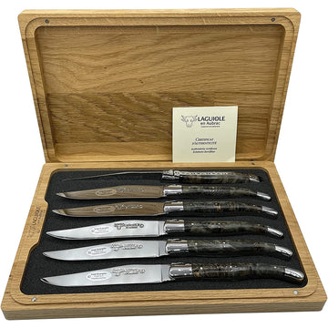 Laguiole en Aubrac Handcrafted Plated 6-Piece Steak Knife Set with Blackened Poplar Burl Wood Handles, Polished Bolsters - LaguioleEnAubracShop