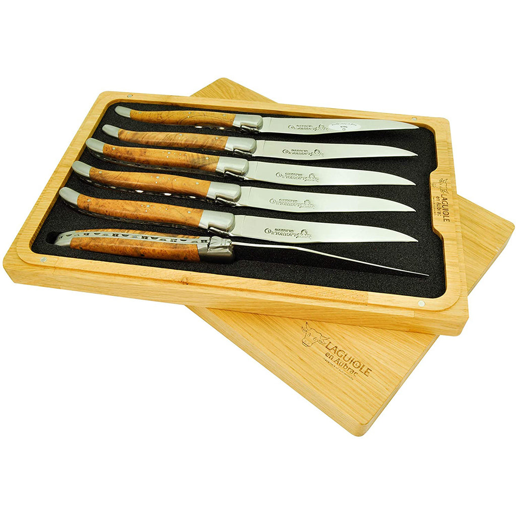 Laguiole en Aubrac Handcrafted Plated 6-Piece Steak Knife Set with Teak Burl Wood Handles - LaguioleEnAubracShop