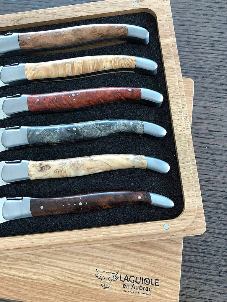 Laguiole en Aubrac Handcrafted Plated 6-Piece Steak Knife Set with Mixed Burled Wood Handles - LaguioleEnAubracShop