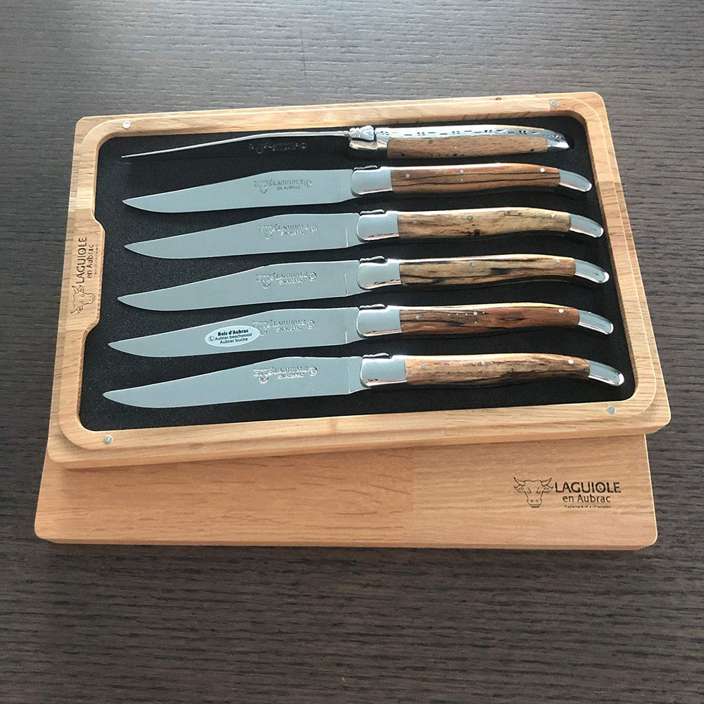 Laguiole en Aubrac Handcrafted Plated 6-Piece Steak Knife Set with Aubrac Wood Handles - LaguioleEnAubracShop