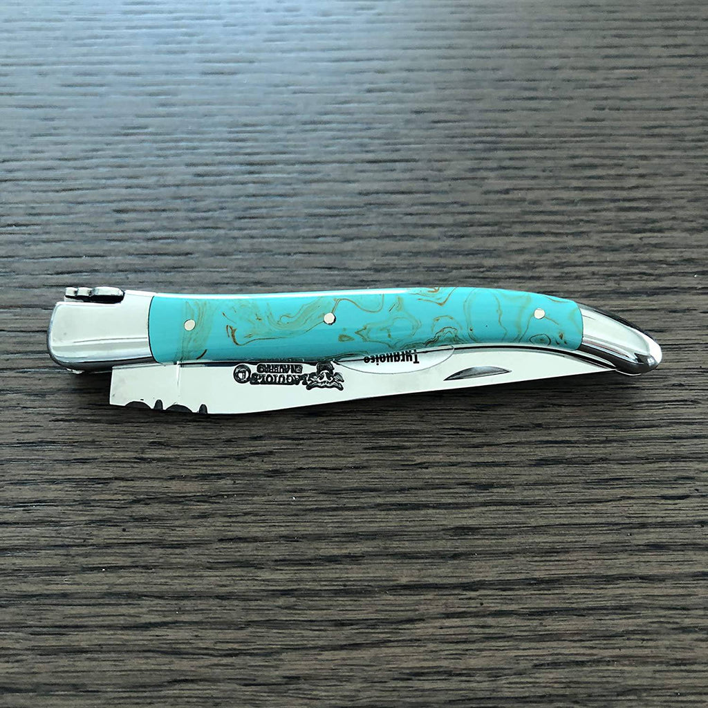 Laguiole en Aubrac Handcrafted Plated Multipurpose Knife with Shiny Bolsters, Turquoise Handle , 4.75 inches - LaguioleEnAubracShop