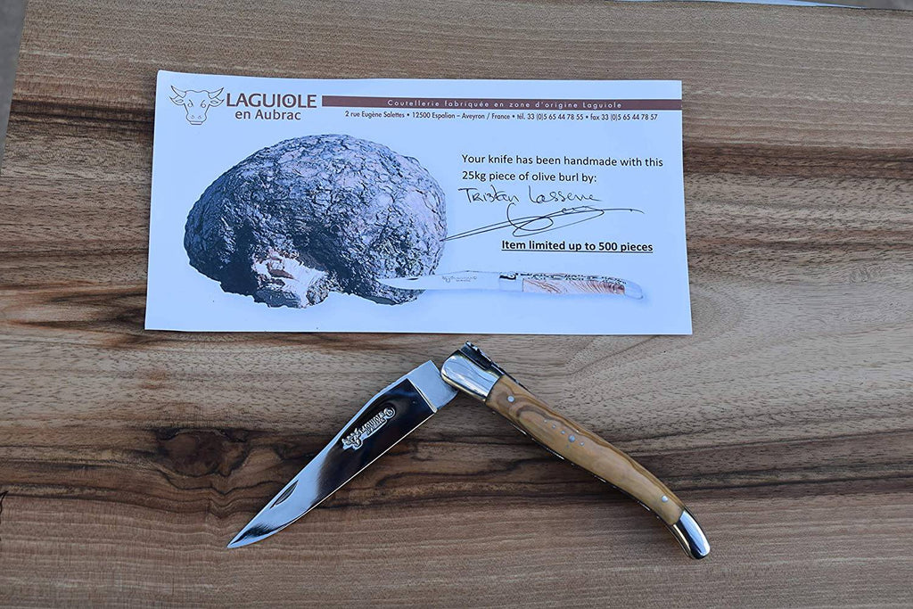 Laguiole en Aubrac Handcrafted Limited Edition Double Plated Multipurpose Knife with Burl Olivewood Handle, 4.75 inches - LaguioleEnAubracShop