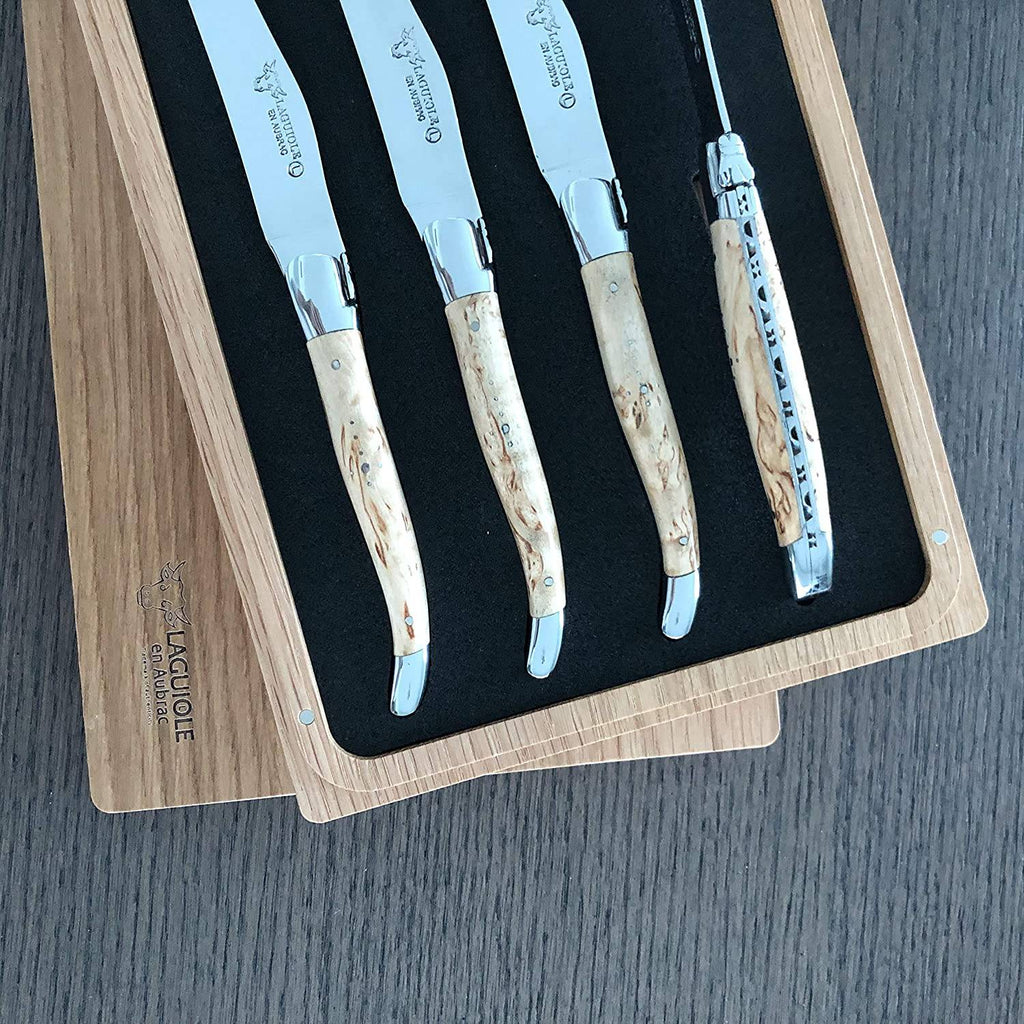 Laguiole en Aubrac Handcrafted Plated 4-Piece Steak Knife Set with Birchwood Handles - LaguioleEnAubracShop