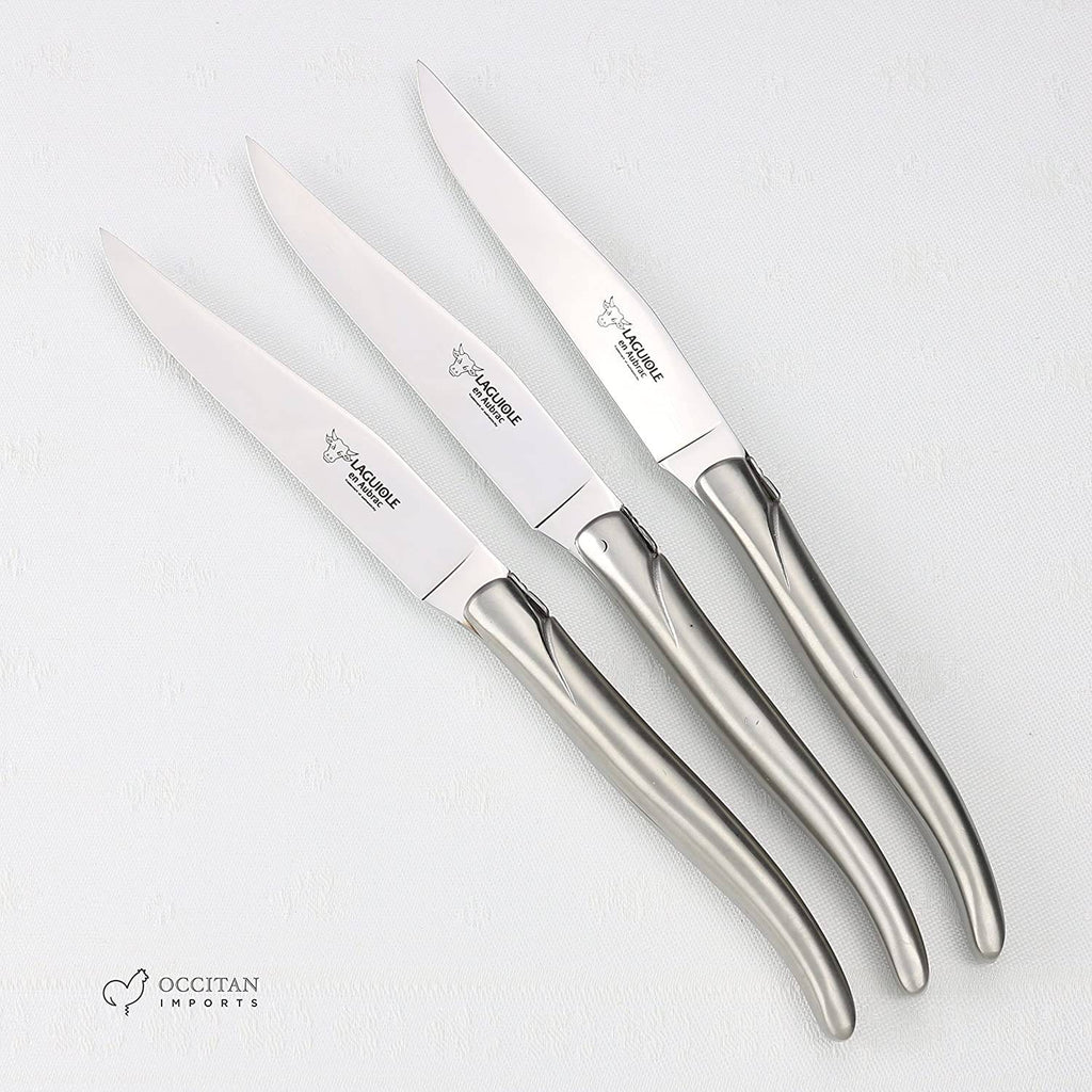 Laguiole en Aubrac Handcrafted 6-Piece Steak Knife Set with Matte Stainless Steel Handles - LaguioleEnAubracShop