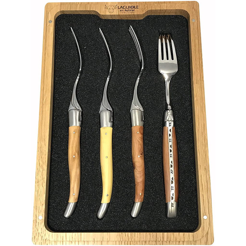 Laguiole en Aubrac Handcrafted Plated 4-Piece Fork Set with Mixed French Woods Handles - LaguioleEnAubracShop