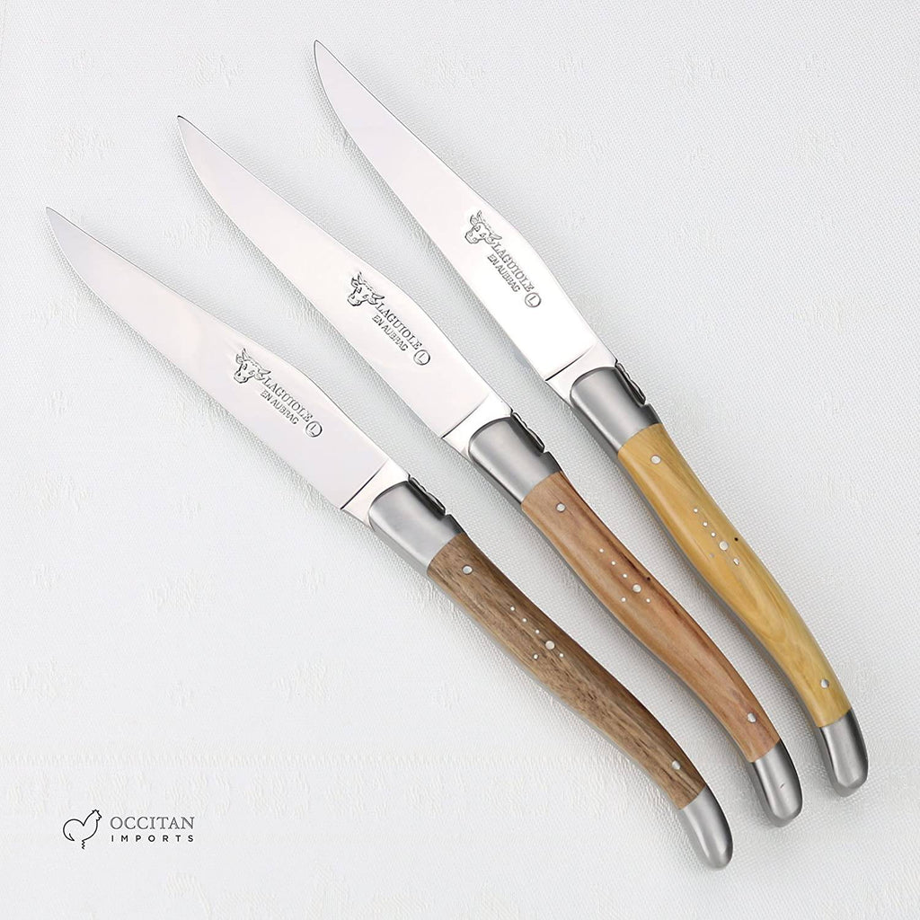 Laguiole en Aubrac Handcrafted Plated 6-Piece Steak Knife Set with Mixed French Wood Handles - LaguioleEnAubracShop
