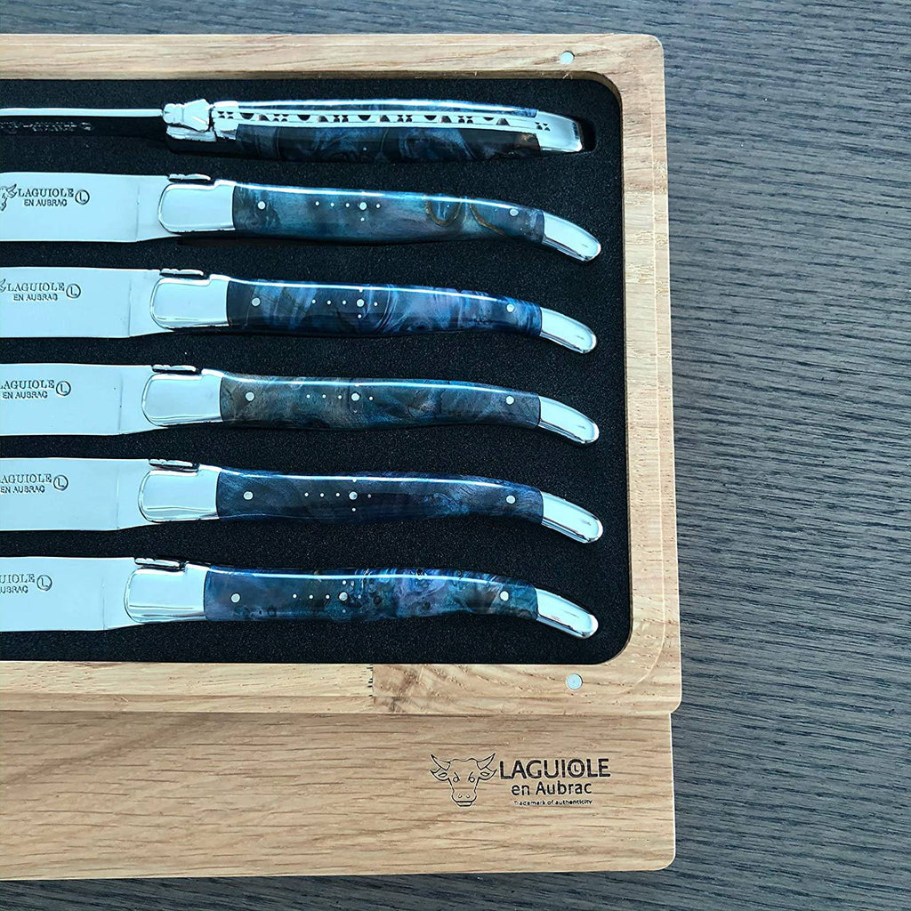 Laguiole en Aubrac Handcrafted Plated 6-Piece Steak Knife Set with Blue Buckeye Burl Handles - LaguioleEnAubracShop