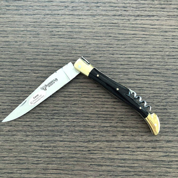Laguiole en Aubrac Handcrafted Plated Multipurpose Knife with Corkscrew, Pressed Buffalo Horn Handle, 4.75 inches - LaguioleEnAubracShop
